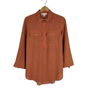 MICHAEL Michael Kors Orange Chain Print Half Zip Blouse Top Size M